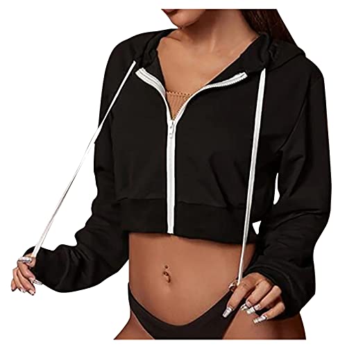 Komiseup Damen Sweatjacke Bauchfrei Kapuzenpullover Kurz Hoodie Sweatshirt Crop Pullover Kapuzenjacke Cropped Jacke mit Kordelzug und Reißverschluss von Komiseup