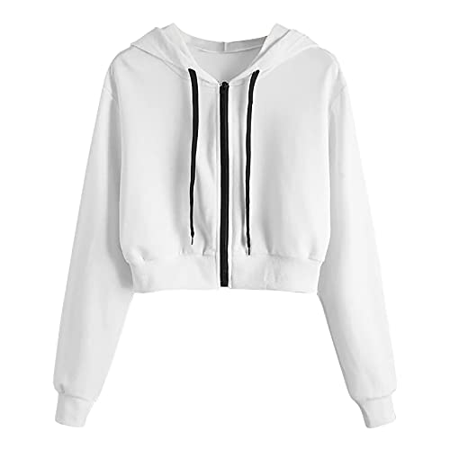 Komiseup Damen Sweatjacke Bauchfrei Kapuzenpullover Kurz Hoodie Sweatshirt Crop Pullover Kapuzenjacke Cropped Jacke mit Kordelzug und Reißverschluss von Komiseup