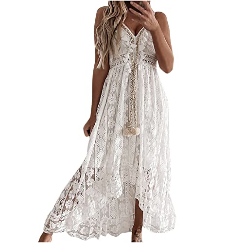 Komiseup Damen V-Ausschnitt Ärmellos Strick Spitze Ausschnitt Sling Maxikleid Rüschen Offener Rücken Unregelmäßiger Saum Vintage Partykleid Boho Solid Strandkleid Bohème Kleid von Komiseup