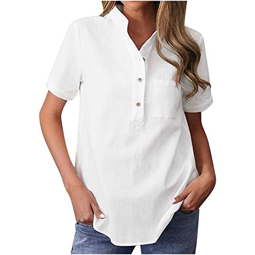 Komiseup Elegantes Damen Bluse mit Knopfleiste Blumen Muster Hemdbluse Top Sommer Locker Kurzarm Tunika Oberteile Shirt Frauen Lässig Button V-Ausschnitt Pullover T Shirts Business Blusen Tuniken von Komiseup