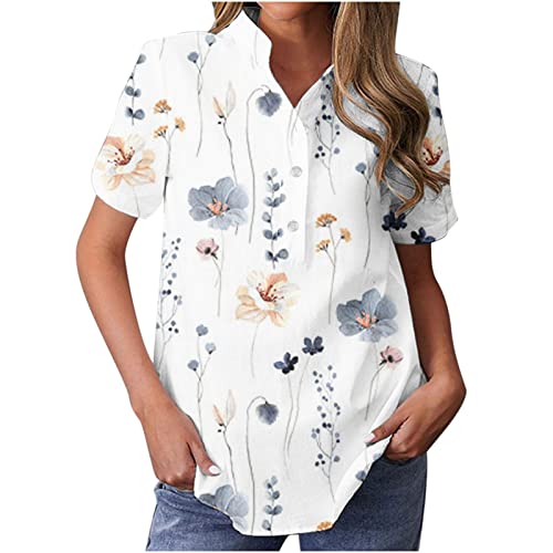 Komiseup Elegantes Damen Bluse mit Knopfleiste Blumen Muster Hemdbluse Top Sommer Locker Kurzarm Tunika Oberteile Shirt Frauen Lässig Button V-Ausschnitt Pullover T Shirts Business Blusen Tuniken von Komiseup