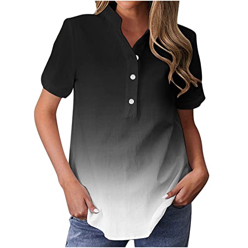 Komiseup Elegantes Damen Bluse mit Knopfleiste Blumen Muster Hemdbluse Top Sommer Locker Kurzarm Tunika Oberteile Shirt Frauen Lässig Button V-Ausschnitt Pullover T Shirts Business Blusen Tuniken von Komiseup