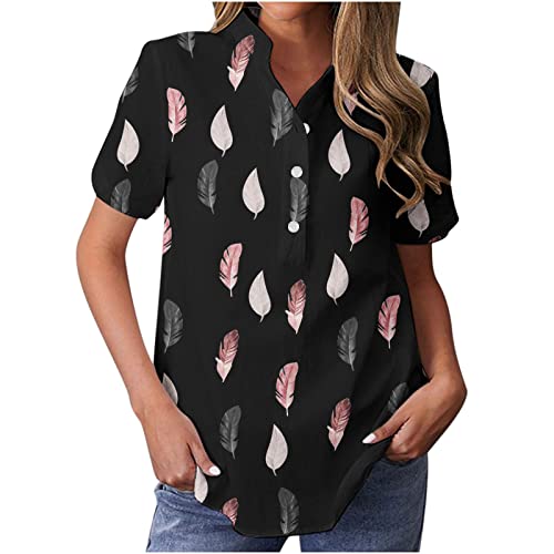 Komiseup Elegantes Damen Bluse mit Knopfleiste Blumen Muster Hemdbluse Top Sommer Locker Kurzarm Tunika Oberteile Shirt Frauen Lässig Button V-Ausschnitt Pullover T Shirts Business Blusen Tuniken von Komiseup