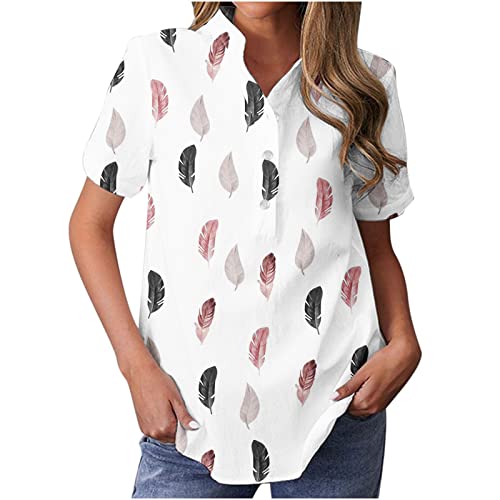 Komiseup Elegantes Damen Bluse mit Knopfleiste Blumen Muster Hemdbluse Top Sommer Locker Kurzarm Tunika Oberteile Shirt Frauen Lässig Button V-Ausschnitt Pullover T Shirts Business Blusen Tuniken von Komiseup