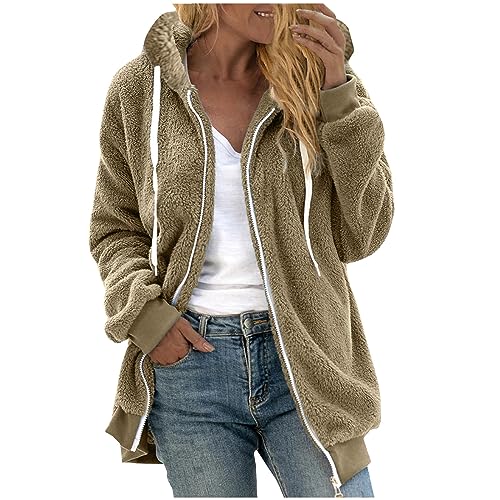 Komiseup Fleecejacke Damen Oversize Winterjacke Einfarbig Teddy Fleece Mantel Jacke Winter Warm Gefüttert Zip Hoodie Kapuzenpullover Winterjacke Bbequeme Flauschig Plüschjacke Sweatjacke mit Kapuze von Komiseup