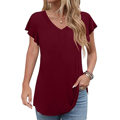 Komiseup Frauen Sommer Tops Rüschen Kurzarm V-Ausschnitt Casual Bluse Tunika Top Basic Shirt Damen Lässig Tshirt Sommer Locker Einfarbig Oberteile Elegant Business Blusenshirt Tunika Top von Komiseup