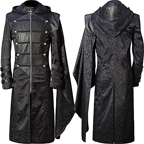 Komiseup Halloween Gothic Jacke Herren Schwarz Umhang mit Kapuze Vampir Wizard Star Wars Cosplay Party Outfit Retro Mittelalter Viktorianischen Mantel Maskerade Fasching für Karneval Fasching Party von Komiseup