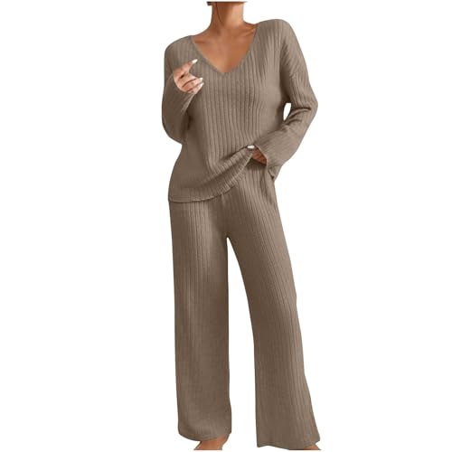 Komiseup Hausanzug Damen Gerippt Lounge Set Winter Strick Loungewear Set Elegant Einfarbig Jogginganzug Zweiteiler Strickanzug V-Ausschnitt Homewear Weite Hosen mit Taschen Nachtwäsche Hauskleidung von Komiseup