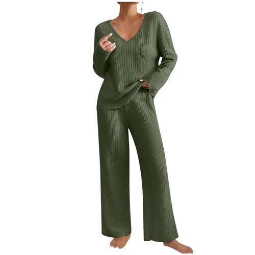 Komiseup Hausanzug Damen Gerippt Lounge Set Winter Strick Loungewear Set Elegant Einfarbig Jogginganzug Zweiteiler Strickanzug V-Ausschnitt Homewear Weite Hosen mit Taschen Nachtwäsche Hauskleidung von Komiseup