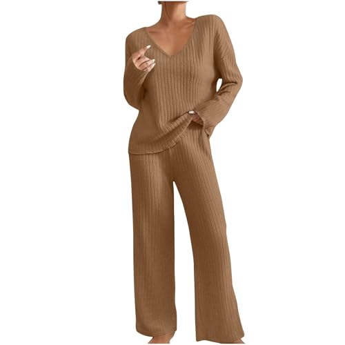 Komiseup Hausanzug Damen Gerippt Lounge Set Winter Strick Loungewear Set Elegant Einfarbig Jogginganzug Zweiteiler Strickanzug V-Ausschnitt Homewear Weite Hosen mit Taschen Nachtwäsche Hauskleidung von Komiseup