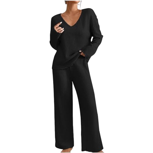 Komiseup Hausanzug Damen Gerippt Lounge Set Winter Strick Loungewear Set Elegant Einfarbig Jogginganzug Zweiteiler Strickanzug V-Ausschnitt Homewear Weite Hosen mit Taschen Nachtwäsche Hauskleidung von Komiseup