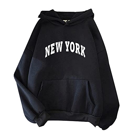 Komiseup Hoodie Damen, New York Briefdruck Kapuzenpullover Frauen Oversized, mit Kapuze Pullover Sweatshirt Rundhals, Loose Fit Freizeit Sport Langarmshirt, Hoodies Training - Pulli Streetwear von Komiseup