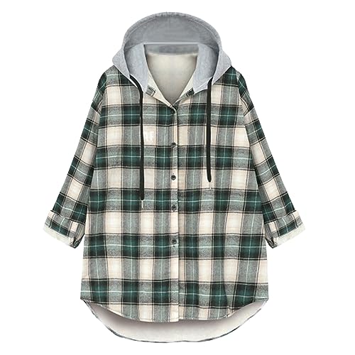 Komiseup Hoodie Damen Kapuzenpullover Hemdjacke Karierte Shacket Langarm Fleecejacke Hemd Bluse Jacke von Komiseup
