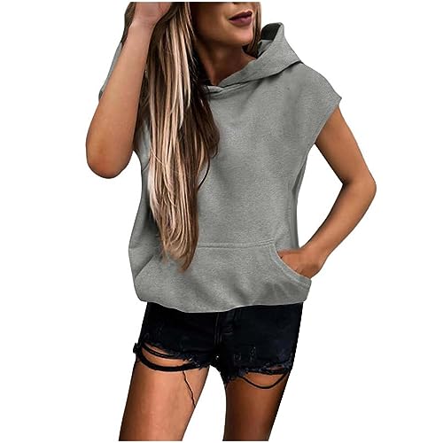 Komiseup Hoodie Damen Kurzarm Oversize Sommer Kapuzenpullover Oberteile Leichte Pullover Sweatshirt mit Kapuze Casual Einfarbig Kapuzenshirt Sweatshirt Tops mit Taschen von Komiseup