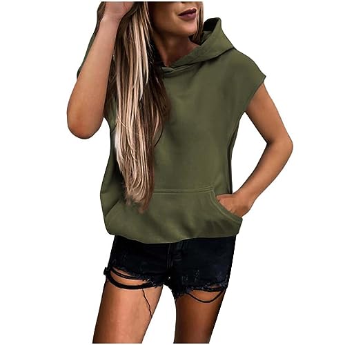 Komiseup Hoodie Damen Kurzarm Oversize Sommer Kapuzenpullover Oberteile Leichte Pullover Sweatshirt mit Kapuze Casual Einfarbig Kapuzenshirt Sweatshirt Tops mit Taschen von Komiseup
