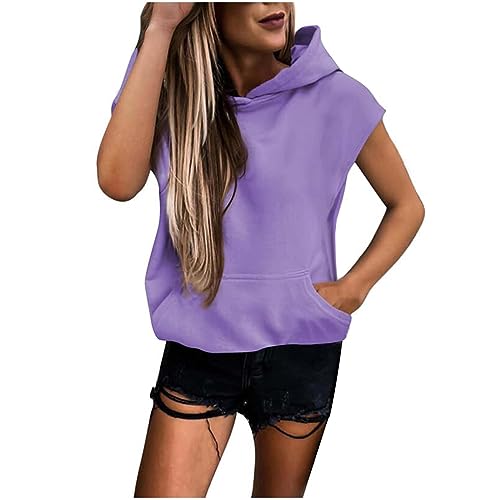 Komiseup Hoodie Damen Kurzarm Oversize Sommer Kapuzenpullover Oberteile Leichte Pullover Sweatshirt mit Kapuze Casual Einfarbig Kapuzenshirt Sweatshirt Tops mit Taschen von Komiseup