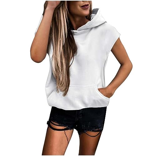 Komiseup Hoodie Damen Kurzarm Oversize Sommer Kapuzenpullover Oberteile Leichte Pullover Sweatshirt mit Kapuze Casual Einfarbig Kapuzenshirt Sweatshirt Tops mit Taschen von Komiseup