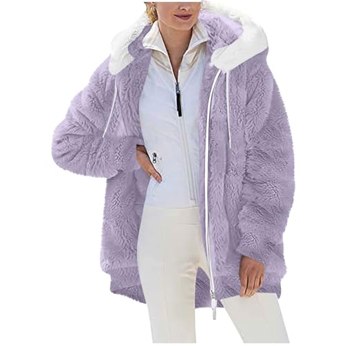 Komiseup Hoodie Damen Oversize Winterjacke mit Kapuze Dicke Teddy Fleecejacke Herbst Winter Übergangsjacke mit Taschen Winter Warm Steppjacke Locker Outdoor Plüschjacke Teenager Mädchen Sportjacke von Komiseup