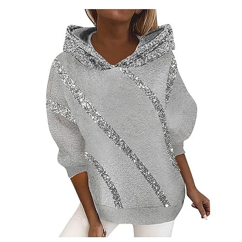 Komiseup Hoodie Damen Pailletten Sweatshirt mit Kapuze Sparkle Shimmer Kapuzepullover Einfarbige Pailletten Patchwork Oberteil Locker Langarmshirt Glitzer Festliche Sportshirt Gutschein Angebote von Komiseup