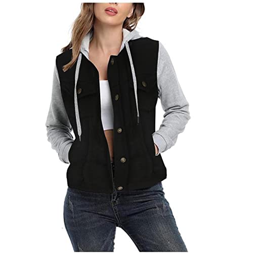 Komiseup Hoodie Jacke Damen Kapuzen-Kordelzug Colorblock Gewaschene Langarm-Taschen-Kapuzen-Imitat-Jeansjacke Langarm-Kapuzen-Jeansjacke/Jacke Komiseup Hoodie Jacke Damen Kapuzen-Kordelzug Colorblock Gewaschene Langarm-Taschen-Kapuzen-Imitat-Jeansjacke Langarm-Kapuzen-Jeansjacke/Jacke von Komiseup
