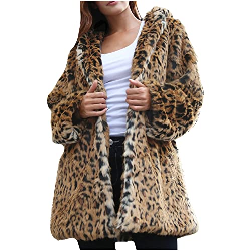 Komiseup Hoodie Pelzmantel Damen Winter Warme Leopardenmuster Kunstpelzmantel Langarm Revers Wintermantel Elegant Faux Furry Mantel Jacke Locker Fleecejacke Übergangsjacke Freizeitjacke von Komiseup