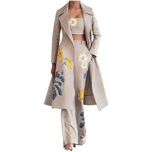 Komiseup Hosenanzug Damen 3-teiler Blazer Anzug Set Sportlich Tracksuit dreiteilige Sommer Outfit Longblazer+Anzughose+Bralette Vintage Blumendruck Festlicher Suit Frauen Abendrobe Outfit Set S-XL von Komiseup