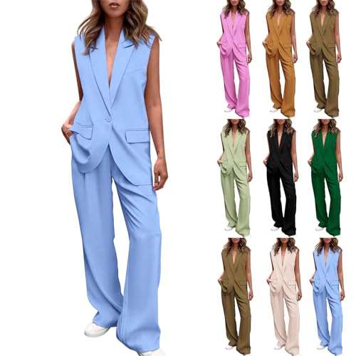 Komiseup Hosenanzug Damen Sportlich Zweiteiliger Elegant Einfarbige Business Set 2 Stück Blazer Anzug Ärmellos Blazer V-Ausschnitt Weste und Anzughose Büro Outfit Freizeitanzug Leichte Blazer Hose Set von Komiseup