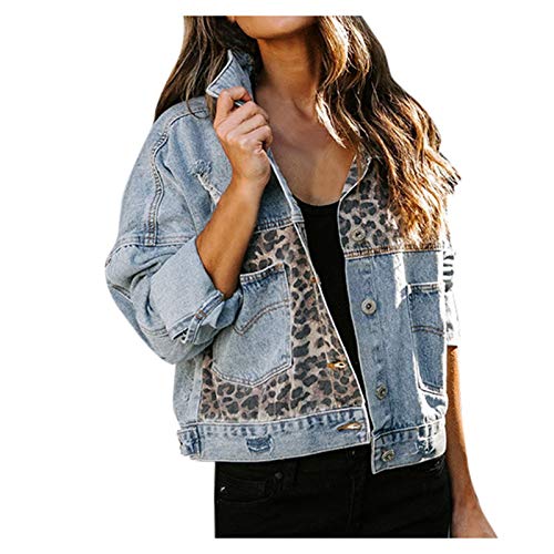 Komiseup Jeansjacke Damen Langarm Jeans Winterjacke Übergangsjacke Leoparden-Patchwork Knopf Kurze Jacke mit Taschen Damen Mode Herbst WinterJeansjacken Mantel Streetwear von Komiseup