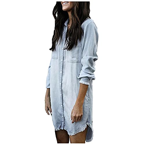 Komiseup Jeanskleid Damen Herbst Mode Lässig Lose Einfarbig Fransen Rand Denim Hemdjacke Langarm Leicht Mantel Jacke von Komiseup