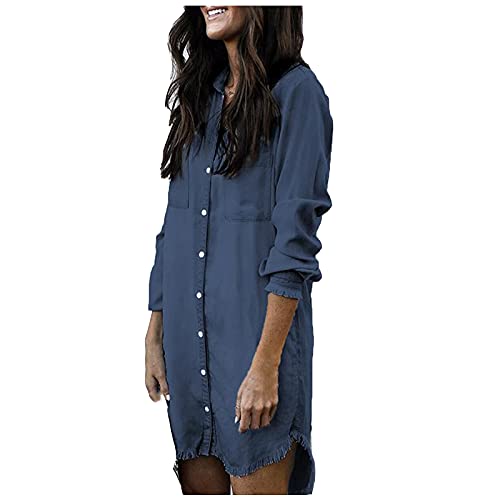 Komiseup Jeanskleid Damen Herbst Mode Lässig Lose Einfarbig Fransen Rand Denim Hemdjacke Langarm Leicht Mantel Jacke von Komiseup