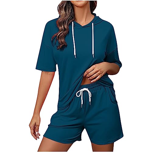 Komiseup Jogginganzug Damen Kurzarm Kapuzenpullover und Shorts Set Trainingsanzug Zweiteiler Frauen Sport Anzug Freizeitanzug von Komiseup