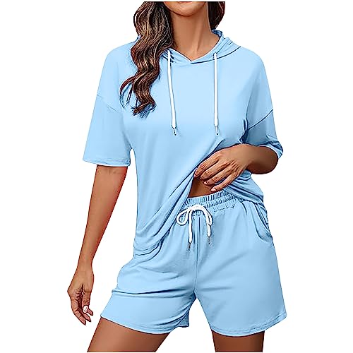 Komiseup Jogginganzug Damen Kurzarm Kapuzenpullover und Shorts Set Trainingsanzug Zweiteiler Frauen Sport Anzug Freizeitanzug von Komiseup