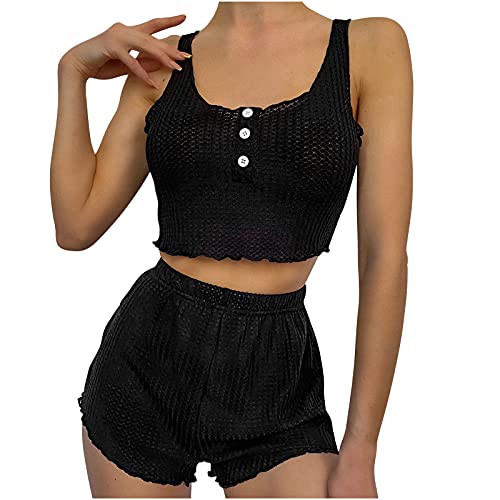 Komiseup Jogginganzug Damen Set Freizeitanzug Sportanzug Trainingsanzug Waffel Fitnessanzug für Running Yoga Gym Sportswear Frauen Pyjama Schlafanzug Outfit Crop Top + Kurz Hose von Komiseup