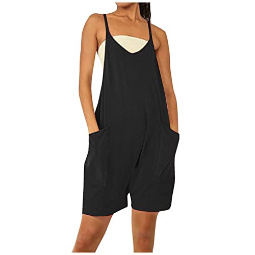 Komiseup Jumpsuit Damen Sommer Kurz Baggy Oversize Lässige Locker Trägerhose Overalls Ärmellose Strampler Playsuit mit Große Taschen Arbeitshose Latzhose von Komiseup