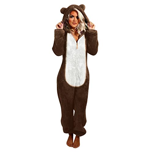Komiseup Jumpsuit Damen Winter Flauschig Teddy Fleece Schlafanzug Einteiler Große Größe Warm Kuschelig Onesie Lang Schlafoverall Pyjama Kuschelig Reißverschluss Ganzkörperanzug Hausanzug mit Kapuze von Komiseup