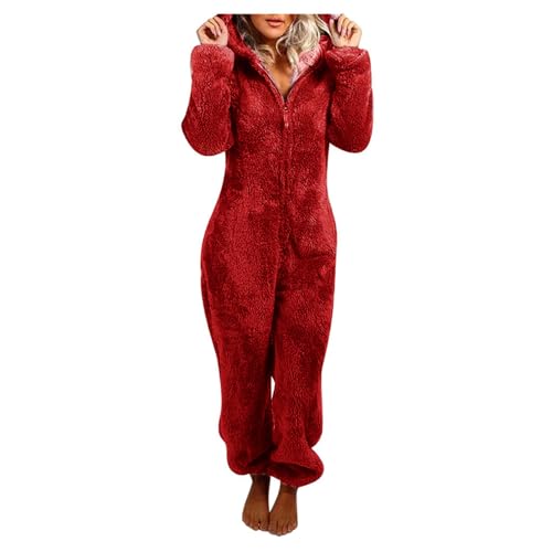 Komiseup Jumpsuit Damen Winter Overall Flauschig Teddy Fleece Einteiler Große Größe Warm Plüsch Onesie Lang Schlafoverall Pyjama Weich Reißverschluss Ganzkörperanzug Hausanzug mit Katzenohr Kapuze von Komiseup