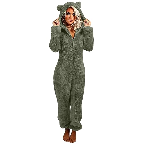 Komiseup Jumpsuit Damen Winter Overall Flauschig Teddy Fleece Einteiler Große Größe Warm Plüsch Onesie Lang Schlafoverall Pyjama Weich Reißverschluss Ganzkörperanzug Hausanzug mit Katzenohr Kapuze von Komiseup