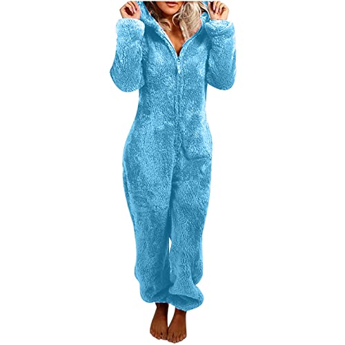 Komiseup Jumpsuit Damen Winter Overall Flauschig Teddy Fleece Einteiler Große Größe Warm Plüsch Onesie Lang Schlafoverall Pyjama Weich Reißverschluss Ganzkörperanzug Hausanzug mit Katzenohr Kapuze von Komiseup