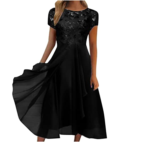 Komiseup Kleid Damen Chiffon Sommerkleid Kurzarm V-Ausschnitt Partykleid Lange Cocktailkleid Große Größen Festliches Ballkleid Chiffon Mesh Spitzenkleid Elegant Brautjungfernkleid High Waist Midikleid von Komiseup