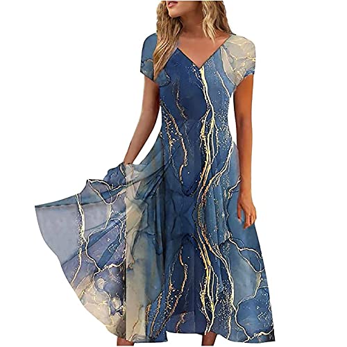 Komiseup Kleid Damen Chiffon Sommerkleid Kurzarm V-Ausschnitt Partykleid Lange Cocktailkleid Große Größen Festliches Ballkleid Chiffon Mesh Spitzenkleid Elegant Brautjungfernkleid High Waist Midikleid von Komiseup