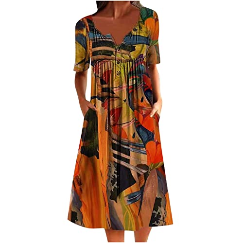 Komiseup Kleid Damen Sommer Strandkleid Damen Abendkleid Damen Lang, A-Linien Sommerkleid mit Konopf Kurzarm Rundhals Cocktailkleid mit Taschen Lose Casual Shirtkleid Bunte Floraldruck Freizeitkleid von Komiseup