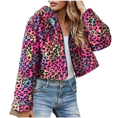 Komiseup Kurzer Pelzmantel für Damen mit Leopardenmuster Winter Warme Kunstpelzjacke mit Zipper Hoodie Jacke Mantel Damen Mode Elegant Leoparde Winterjacke Winermantel Faux Furry Coat von Komiseup