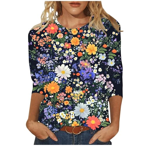 Komiseup Langarmshirt Damen Basic Rundhals Tshirt Sommer 3/4 Ärmel Tunika Tops Retro Blumendruck Longshirt Slim Fit Sportshirt Lässige Baumwolle Pullover Große Größe Bluse Frauen Sommershirts 20 von Komiseup