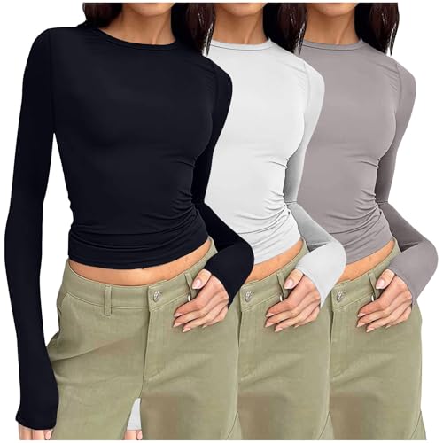 Komiseup Langarmshirt Damen Slim Fit Y2K Crop Tops Enges Stretch Sportshirt Basic Rundhals Shirt Elegant Einfarbig Oberteile 1er/2er/3er Pack Tshirt Set Teenager Mädchen Streetwear Athletisches Top von Komiseup