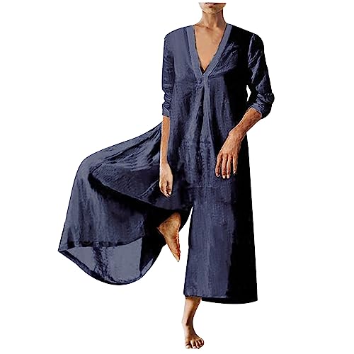 Komiseup Latzhose Damen Sommer Ärmellos Jumpsuit Lange Musselin Einteiler Mode Einfarbig Overalls Baumwolle Leinen Playsuit Lässig Leicht Arbeitshose mit Taschen Weites Bein Hose Baggy Spielanzug 17 von Komiseup