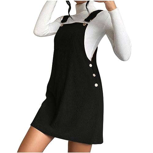Komiseup Latzkleid Damen Cord A-Linie Minikleid Locker Verstellbares Button Down Trägerkleid Herbst Winter Freizeitkleid mit Taschen Elegant Solide Kordkleid Teenager Mädchen Kleid mit Seitenknöpfen von Komiseup