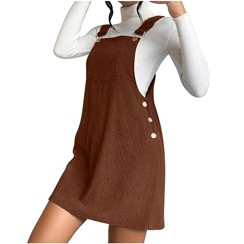 Komiseup Latzkleid Damen Cord A-Linie Minikleid Locker Verstellbares Button Down Trägerkleid Herbst Winter Freizeitkleid mit Taschen Elegant Solide Kordkleid Teenager Mädchen Kleid mit Seitenknöpfen von Komiseup