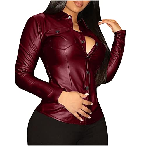 Komiseup Leder Bluse Damen Trendige Lederoptik Oberteil Elegant PU Leder Revers Knopf Bluse Langarmshirt Persönlichkeit Party Kleidung Mode Streetwear Hemdbluse Clubwear Biker-Lederoberteil Wetlook von Komiseup