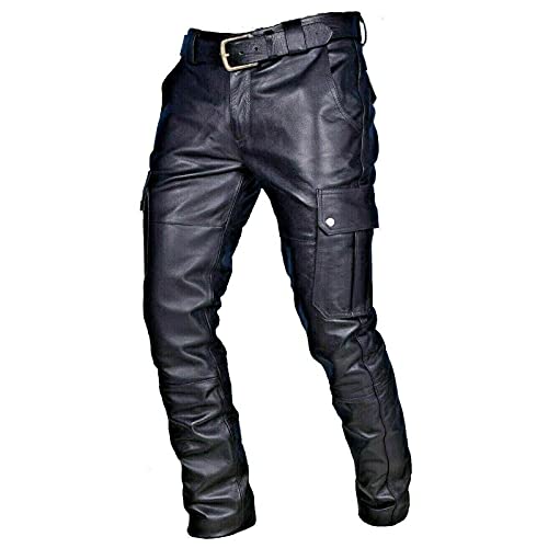 Komiseup Lederhose Herren Punk Slim Fit PU Kunstleder Biker Hose Herbst Winter Lässig Retro Gothic Punk Leder Motorradhose Hose Leggings Schwarze Cargohose aus Leder für Männer von Komiseup