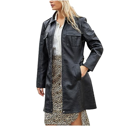 Komiseup Lederjacke Damen Lang - Elegant Jacke Kunstlederjacke Bikerjacke mit Reißverschluss Lederjacke Frauen Kunstlederjacke mit Zip Herbst Frühling Kunstleder Motorradjacke Coat von Komiseup
